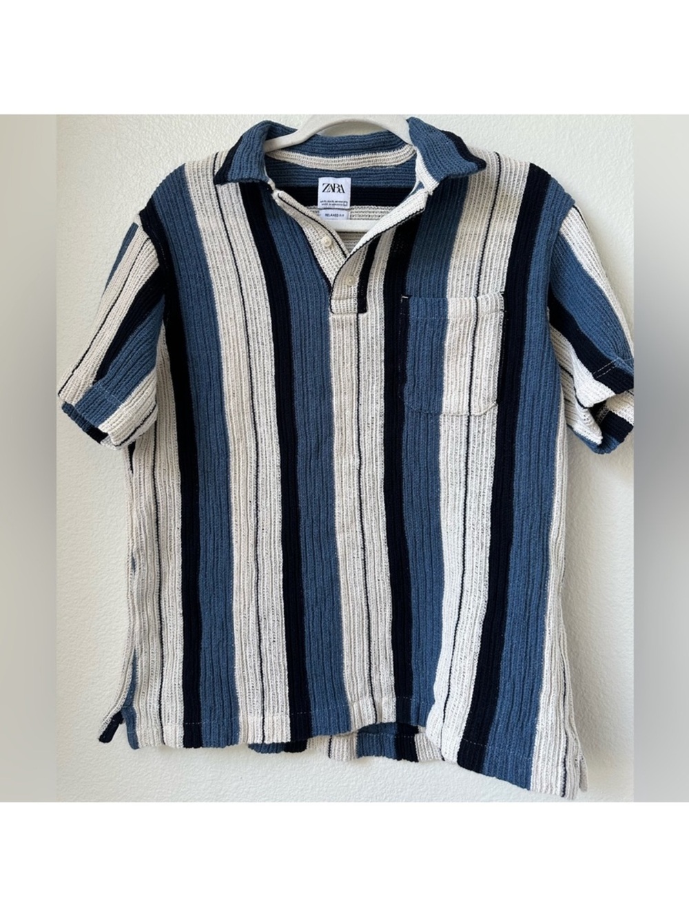 ZARA Striped Short-Sleeve Polo in Blue and Cream
